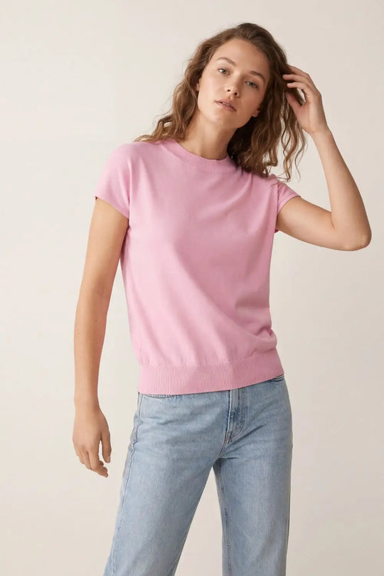 Baby pink turtleneck sweater with fitted short sleeves - One Size / Pink