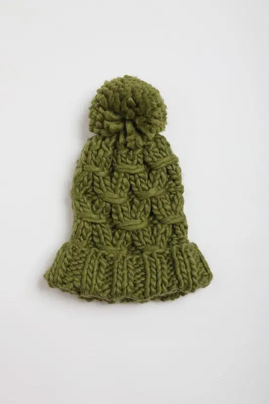 Oversized Chunky Knit Pom Beanie - Olive / One Size