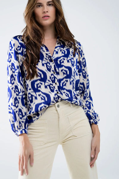Q2 Balloon Sleeve Abstract Print Blouse in Navy and White