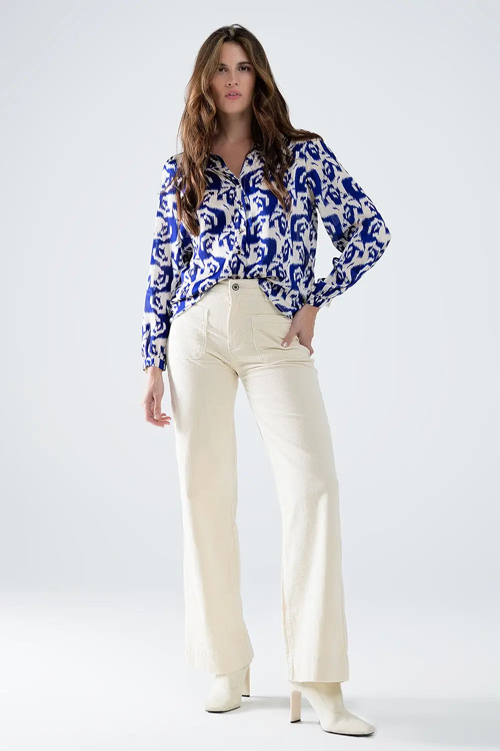 Balloon Sleeve Abstract Print Blouse in Navy and White - Shirts