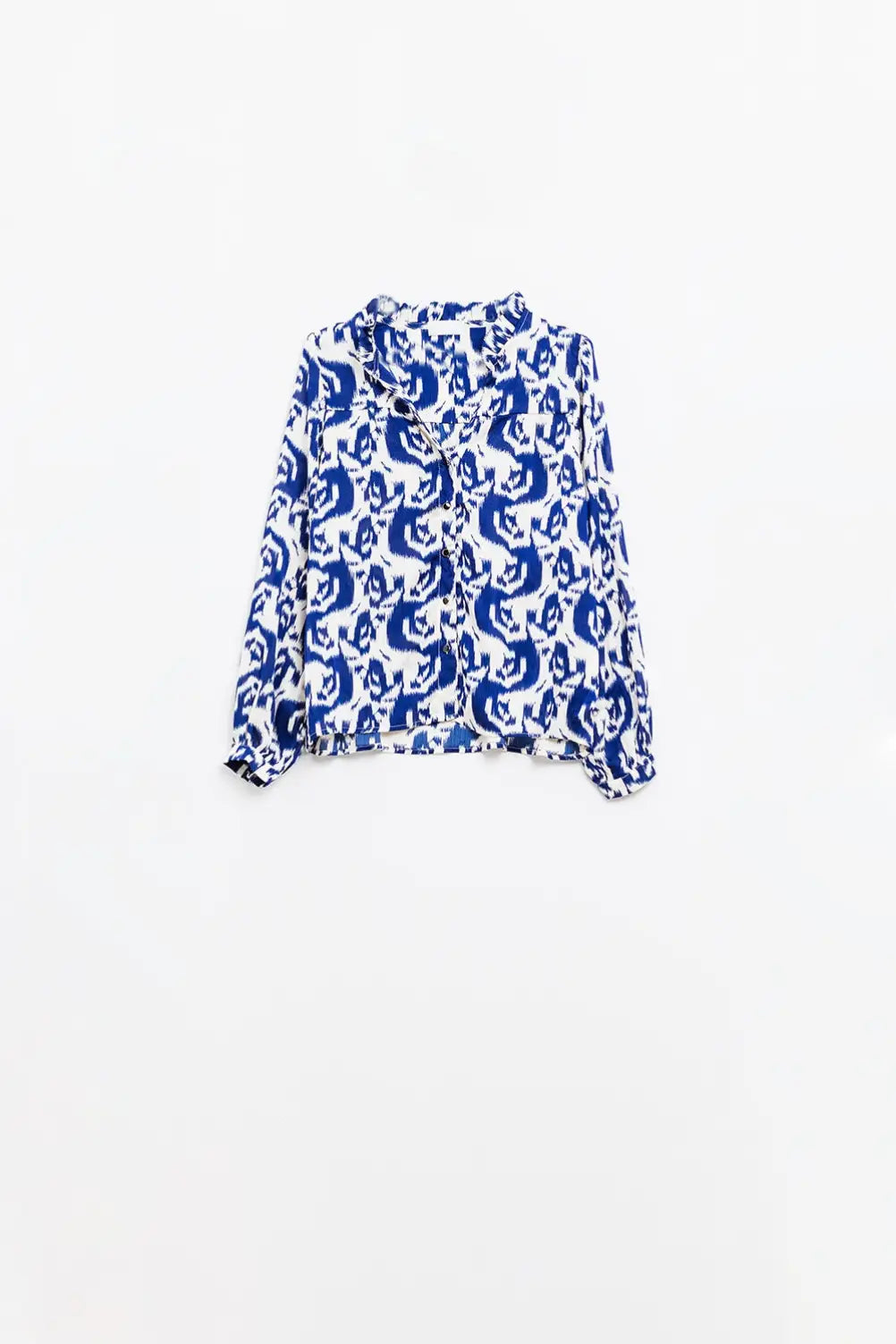 Balloon Sleeve Abstract Print Blouse in Navy and White - Shirts