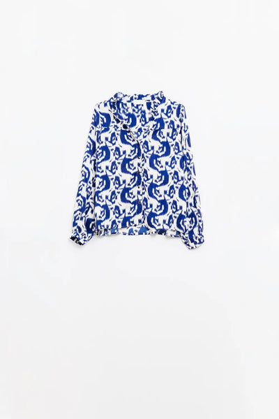 Balloon Sleeve Abstract Print Blouse in Navy and White - Shirts