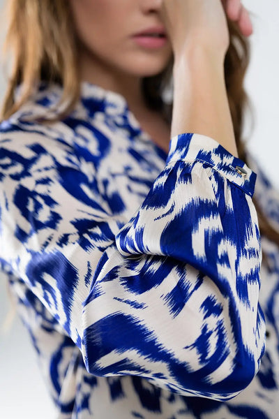 Balloon Sleeve Abstract Print Blouse in Navy and White - Shirts