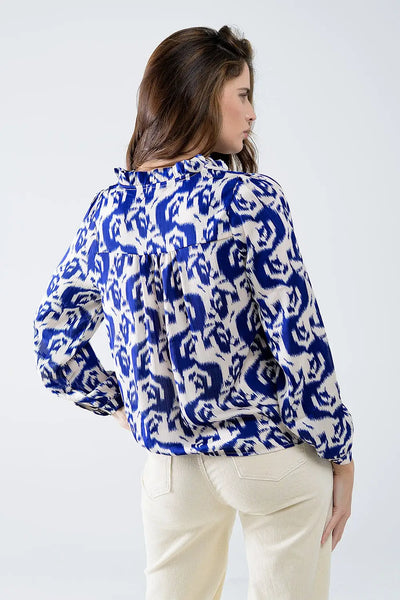 Balloon Sleeve Abstract Print Blouse in Navy and White - Shirts