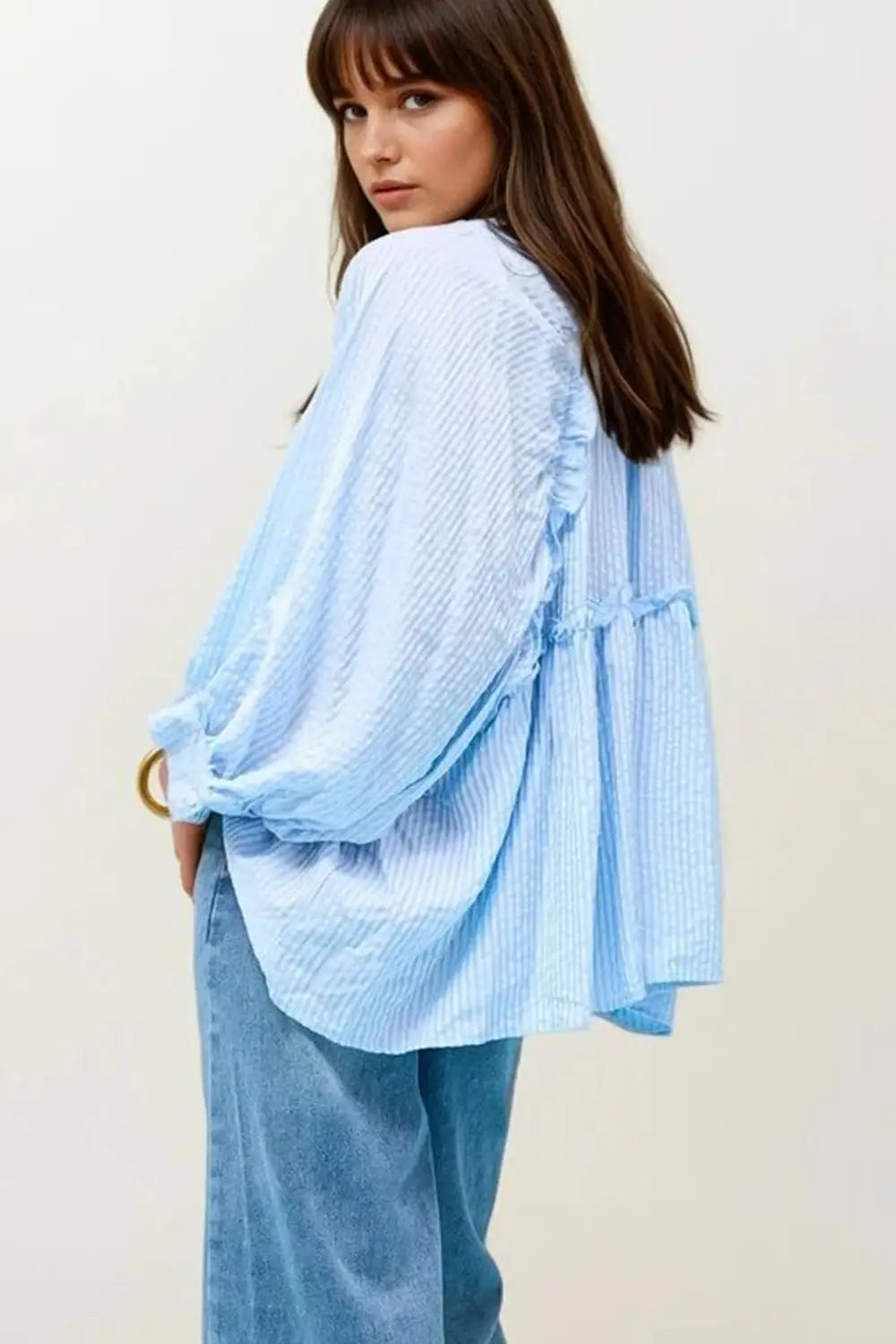 Balloon-Sleeve Striped Blouse in baby Blue - One Size / Blue - Shirts