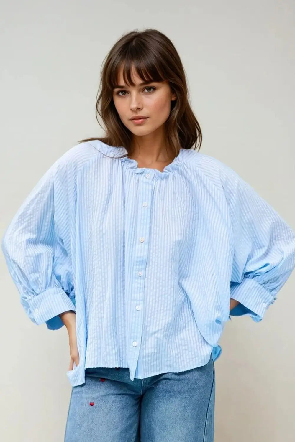 Balloon-Sleeve Striped Blouse in baby Blue - One Size / Blue - Shirts