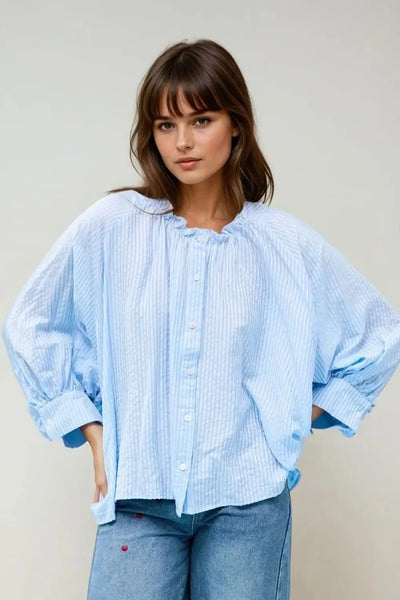 Balloon-Sleeve Striped Blouse in baby Blue - One Size / Blue - Shirts