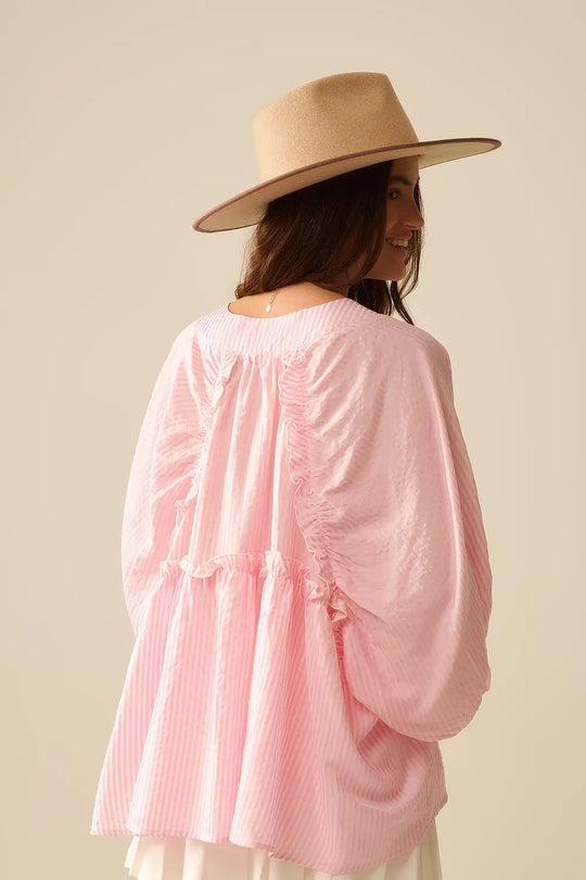 Balloon-Sleeve Striped Blouse in Pink - One Size / Pink - Shirts