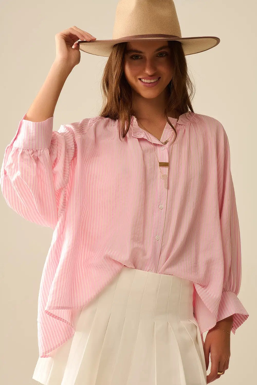 Balloon-Sleeve Striped Blouse in Pink - One Size / Pink - Shirts