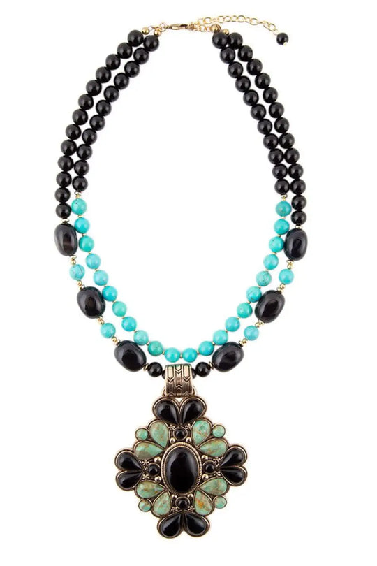 Barcelona Blue Turquoise and Black Onyx Golden Statement Necklace - Necklaces