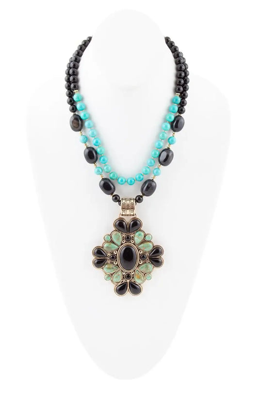 Barcelona Blue Turquoise and Black Onyx Golden Statement Necklace - Necklaces