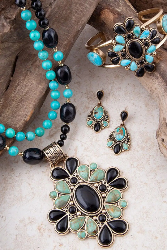 Barcelona Blue Turquoise and Black Onyx Golden Statement Necklace - Necklaces