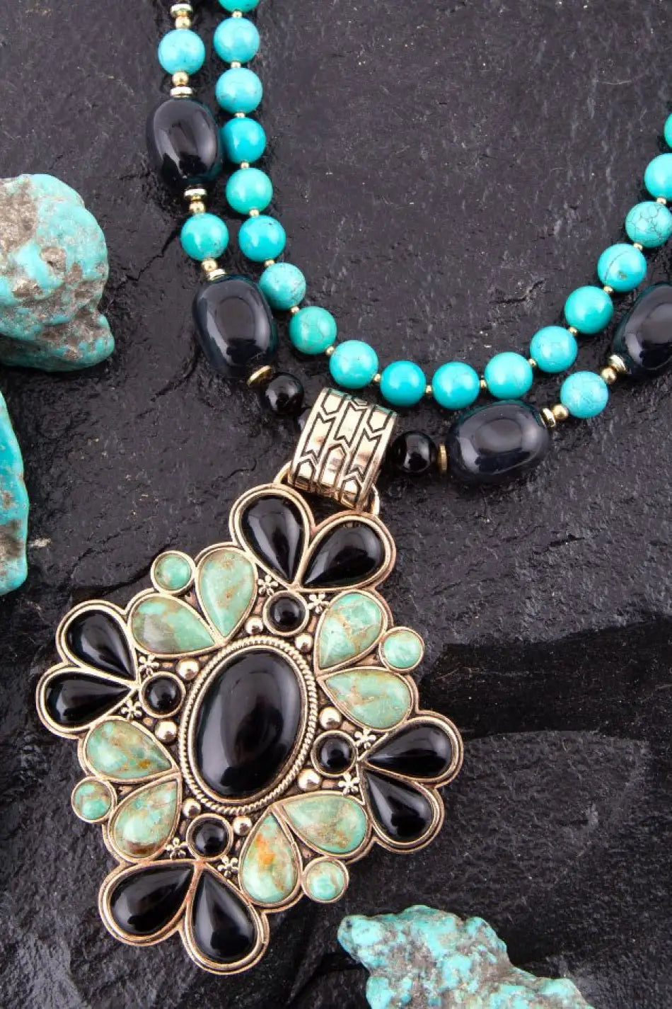 Barcelona Blue Turquoise and Black Onyx Golden Statement Necklace - Necklaces