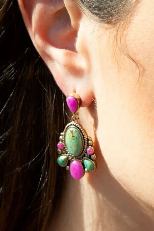 Barcelona Blue Turquoise and Pink Agate Golden Drop Earrings - Earrings