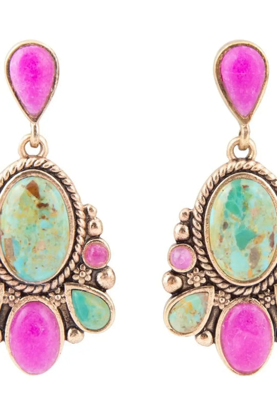 Barcelona Blue Turquoise and Pink Agate Golden Drop Earrings - Earrings