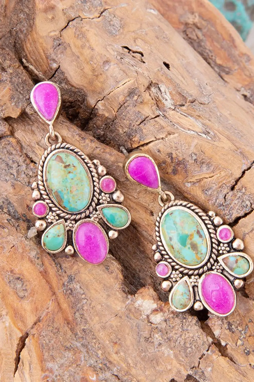 Barcelona Blue Turquoise and Pink Agate Golden Drop Earrings - Earrings