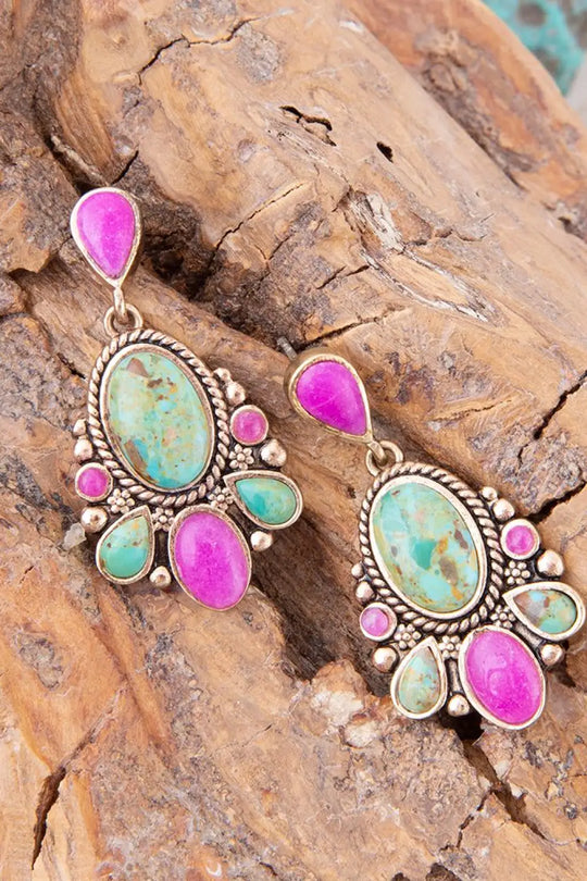 Barcelona Blue Turquoise and Pink Agate Golden Drop Earrings - Earrings