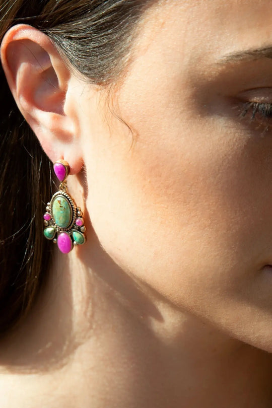 Barcelona Blue Turquoise and Pink Agate Golden Drop Earrings - Earrings