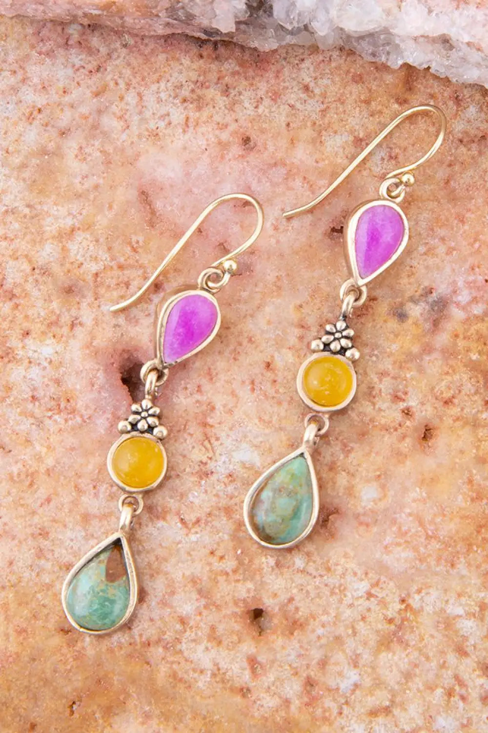 Barcelona Multistone Linear Golden Drop Earrings - Earrings