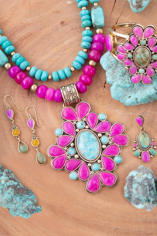 Barcelona Pink Agate and Blue Turquoise Statement Cuff Bracelet - Bracelets