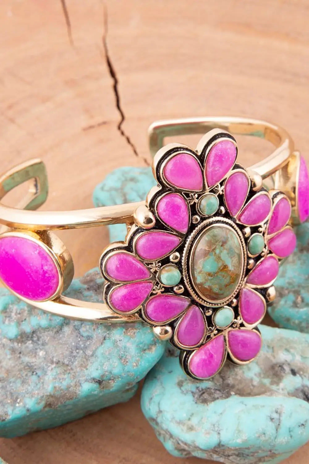 Barcelona Pink Agate and Blue Turquoise Statement Cuff Bracelet - Bracelets
