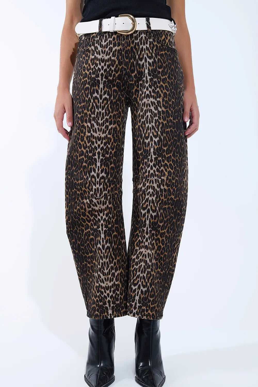 Q2 Barrel Leopard Print Jeans