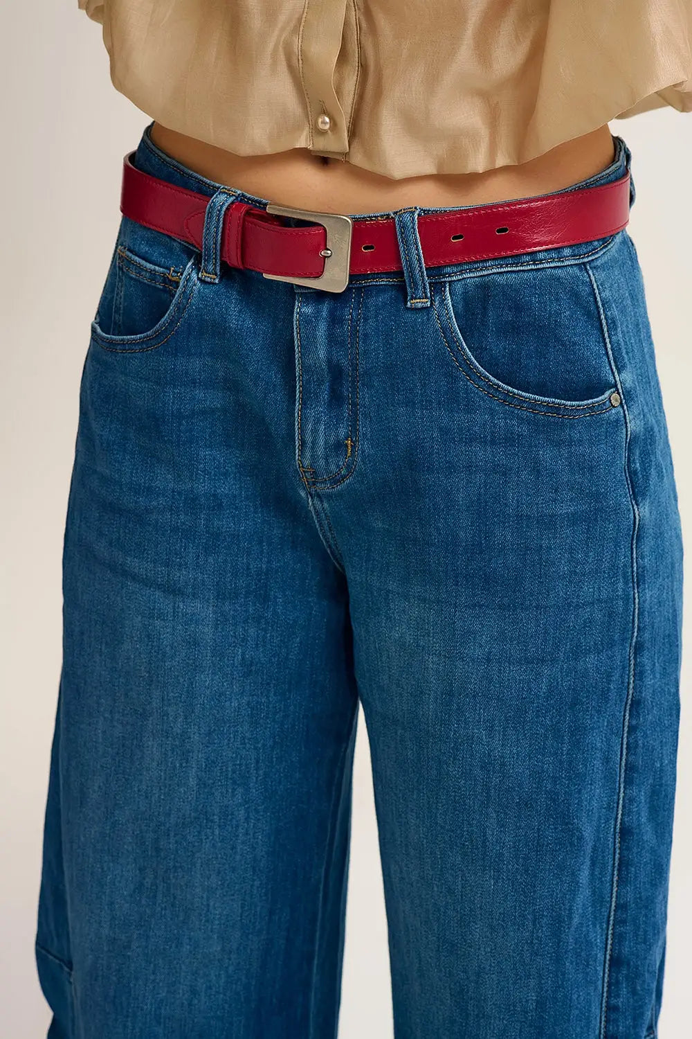 Barrel Style Denim Jeans in Medium Wash with Cuffed Hem - Jeans