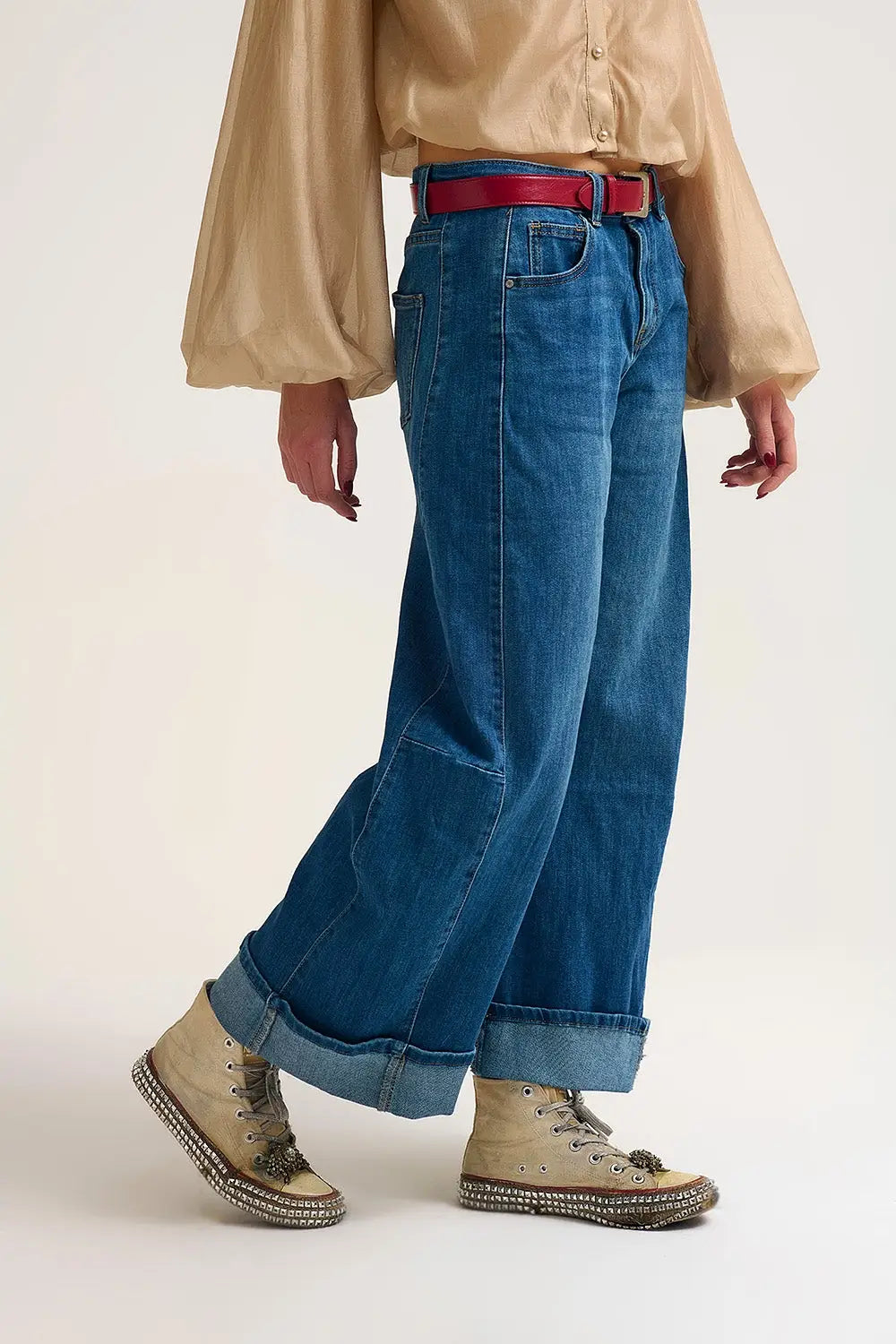 Barrel Style Denim Jeans in Medium Wash with Cuffed Hem - Jeans