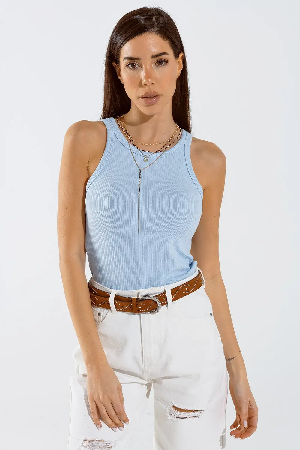 Q2 Basic Baby Blue Tank Top in Rib
