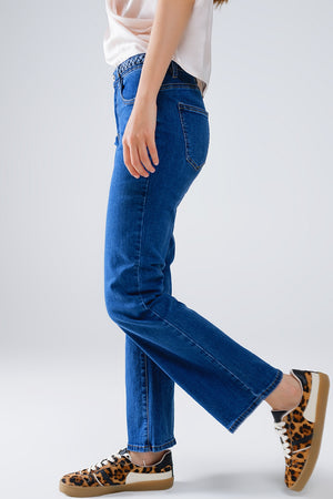 Q2 Basic Dark Blue Denim Jeans With Braid Detail At Waist