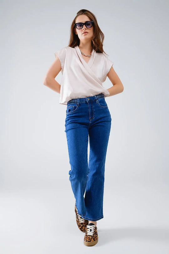 Basic Dark Blue Denim Jeans With Braid Detail At Waist - Jeans