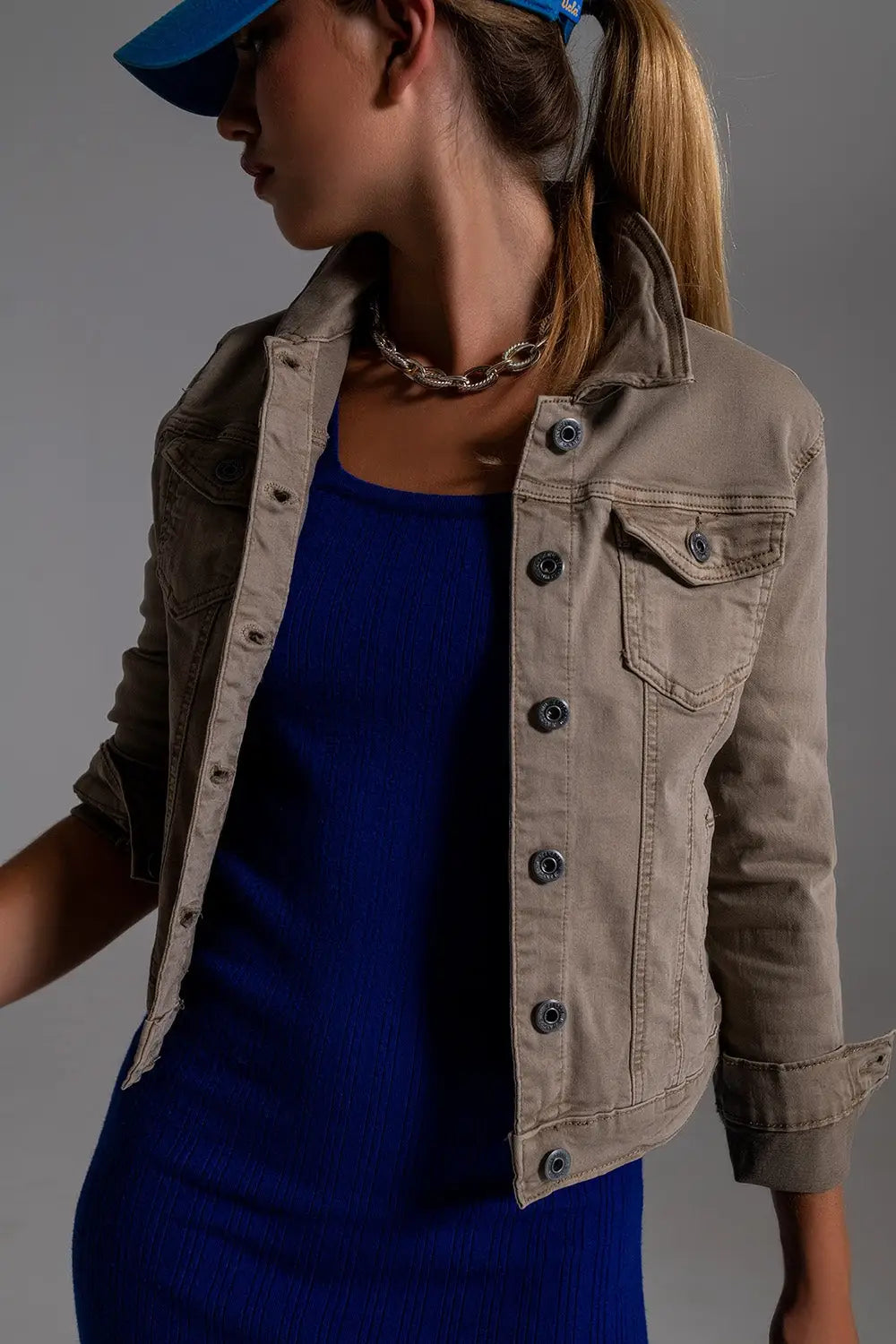 Basic Denim Jacket With Pockets in Beige - Coats and Jackets