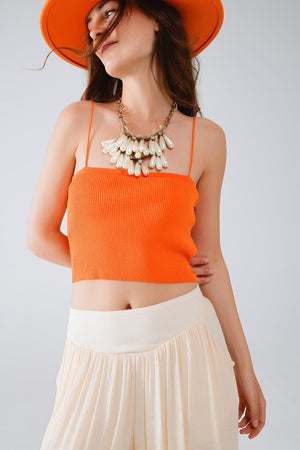 Q2 Basic knitted Top In Orange With Thin Straps