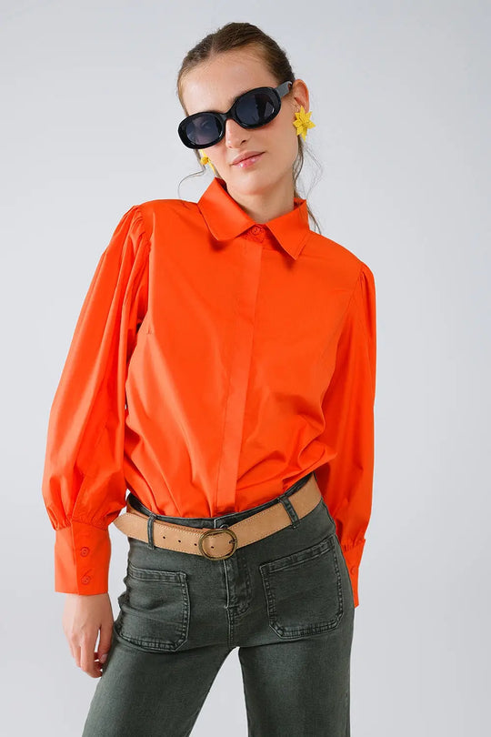 Basic poplin orange shirt with balloon long sleeves - Shirts