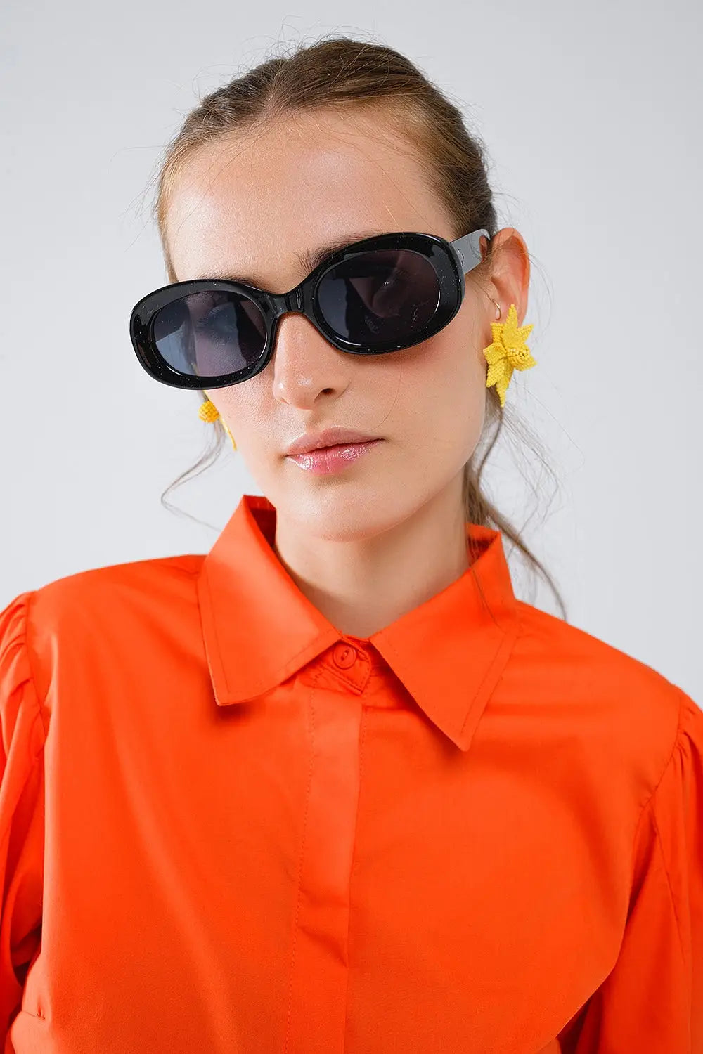 Basic poplin orange shirt with balloon long sleeves - Shirts