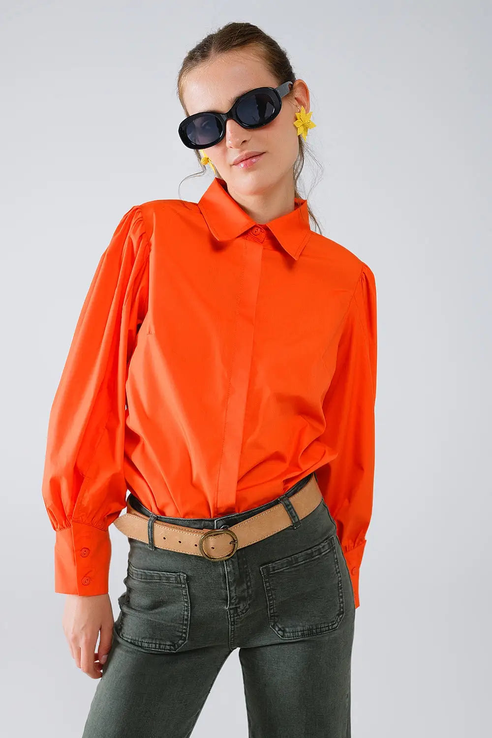 Q2 Basic poplin orange shirt with balloon long sleeves