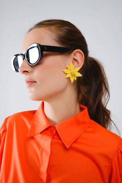 Basic poplin orange shirt with balloon long sleeves - Shirts