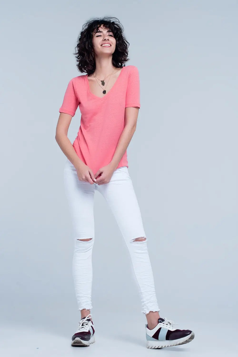 Basic T-shirt corail col V à manches courtes - Tops