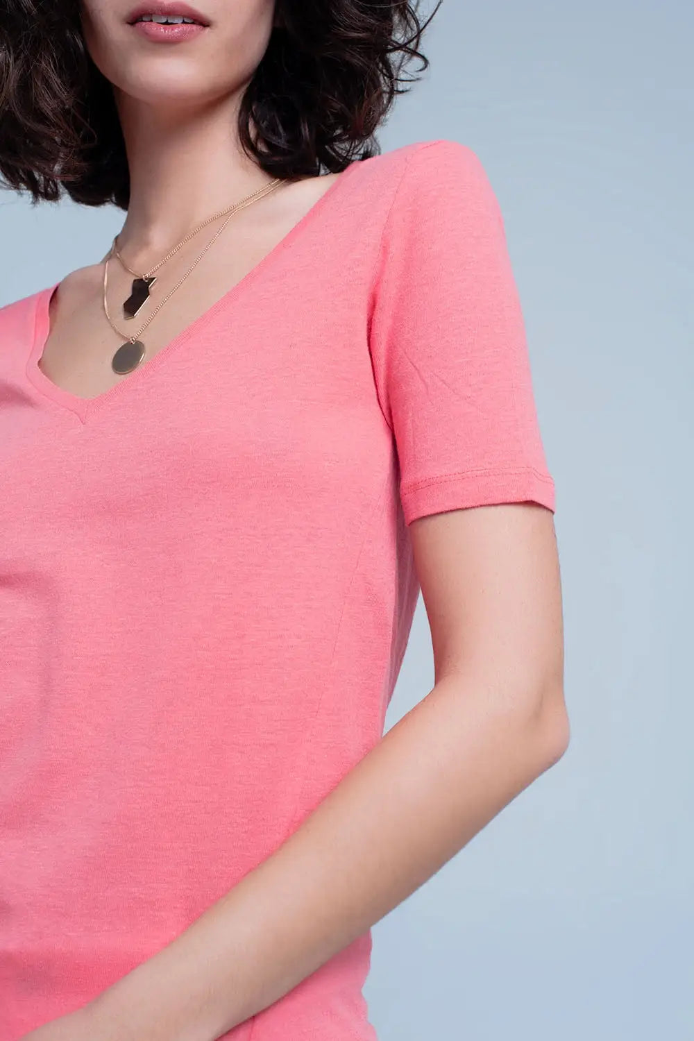 Basic T-shirt corail col V à manches courtes - Tops