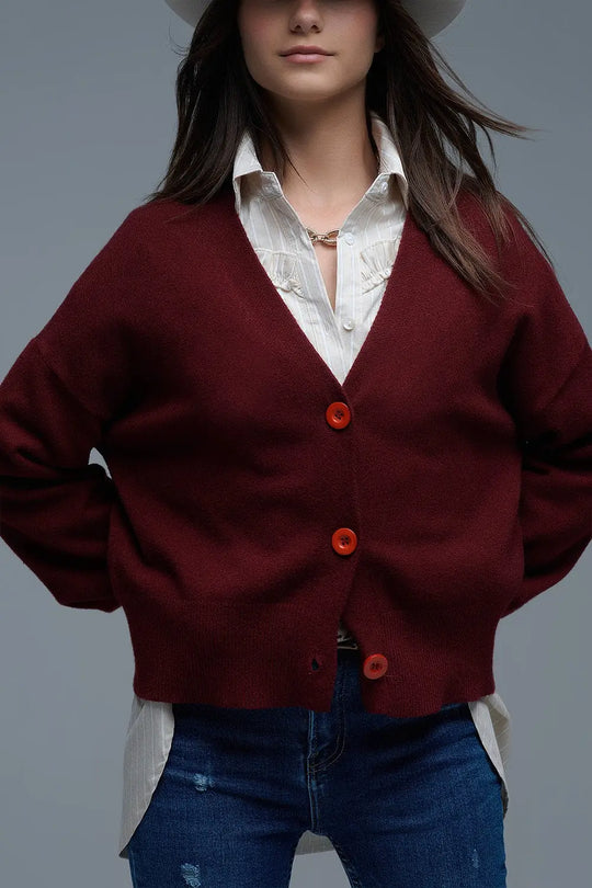 Basic V-neck Cardigan With Long Sleeve in burgundy - One Size / Red - Sweaters