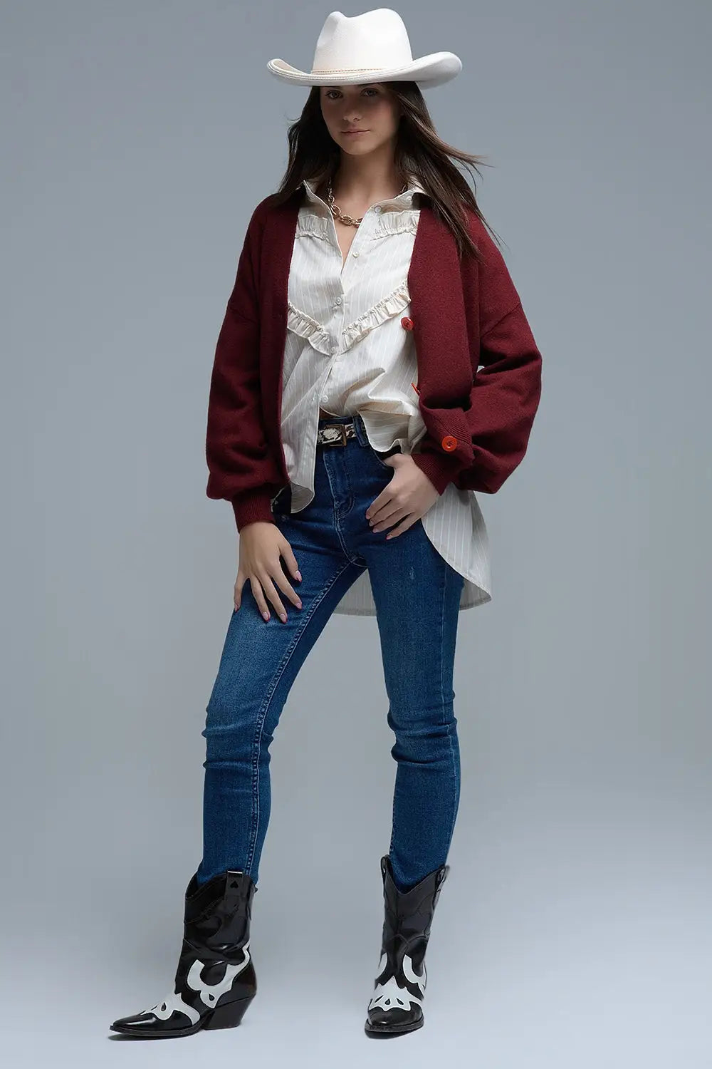Basic V-neck Cardigan With Long Sleeve in burgundy - One Size / Red - Sweaters