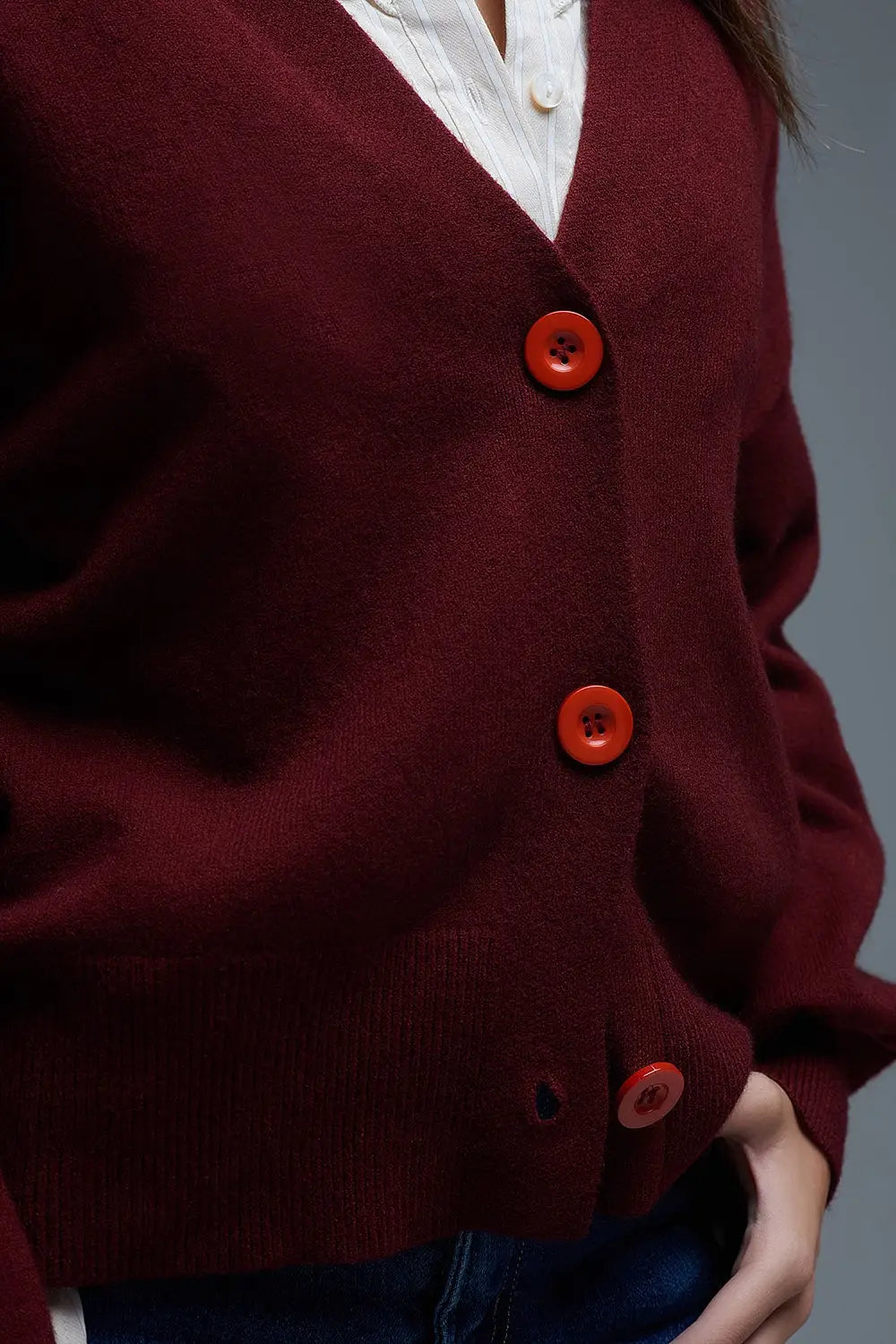 Basic V-neck Cardigan With Long Sleeve in burgundy - One Size / Red - Sweaters