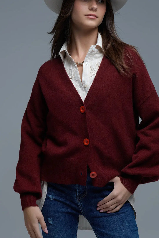 Basic V-neck Cardigan With Long Sleeve in burgundy - One Size / Red - Sweaters