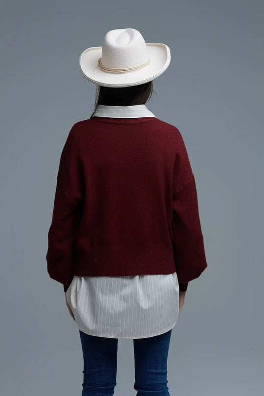 Basic V-neck Cardigan With Long Sleeve in burgundy - One Size / Red - Sweaters