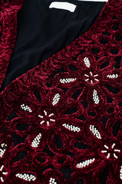 Beaded Embroidery Velvet Short Vest in burgundy