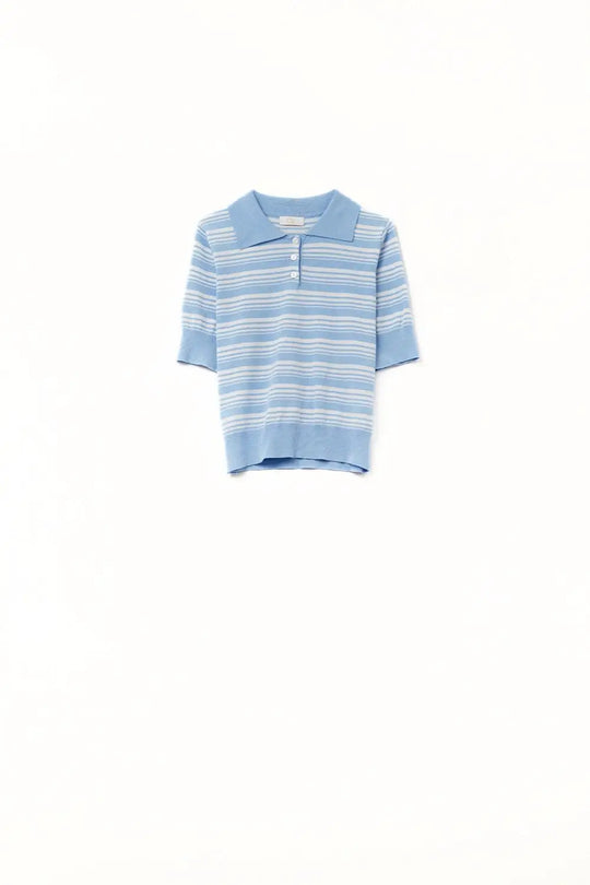 Q2 Beige and Blue Striped Sweater With Polo Neck