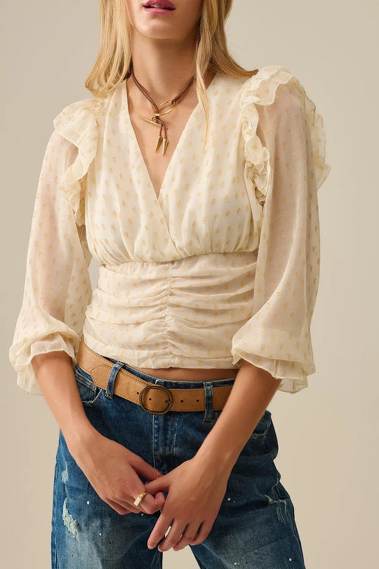 Beige Blouse with golden dots and frill details - Shirts