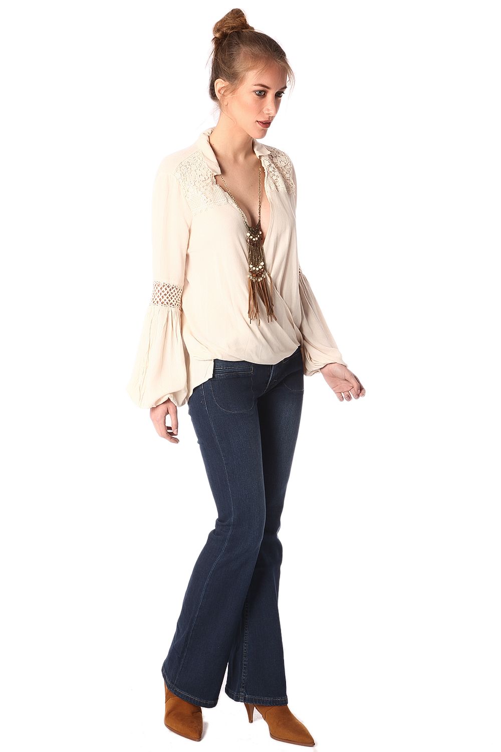 Beige blouse with wrap front and draped detail