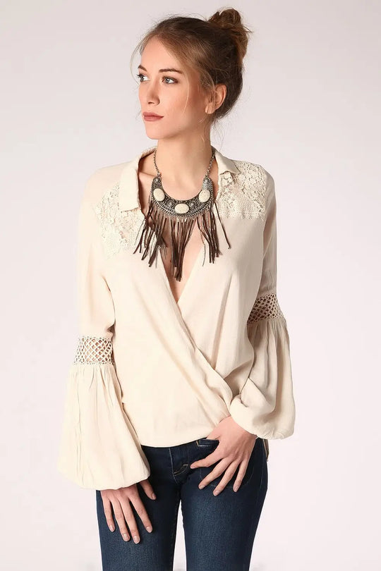 Beige blouse with wrap front and draped detail - Shirts