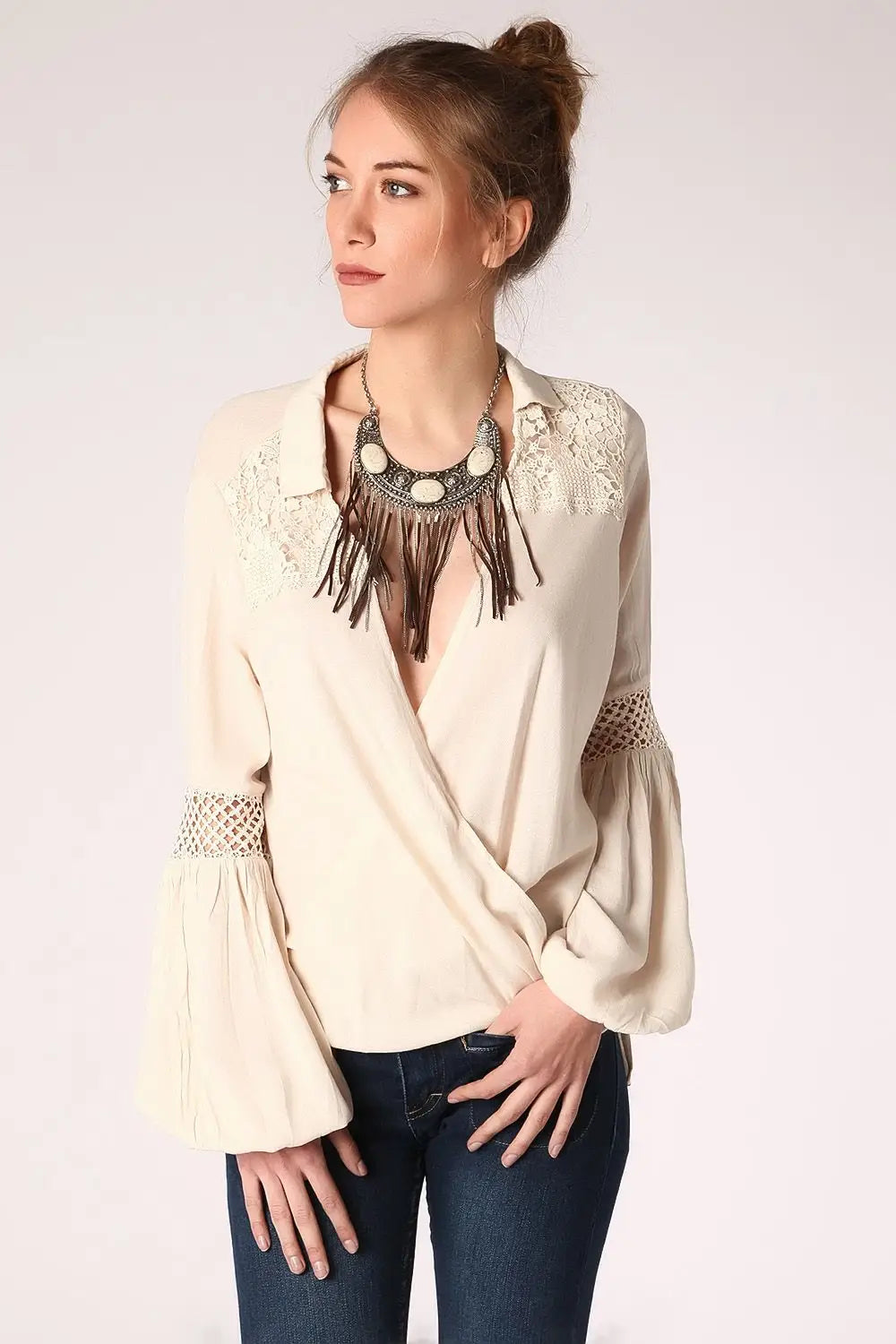 Beige blouse with wrap front and draped detail - Shirts
